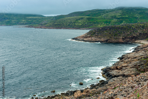Summer tundra. Rocky coastline of Barents Sea near Teriberka. Scenery of Russian North. Kola Peninsula, Murmansk Oblast, Russia