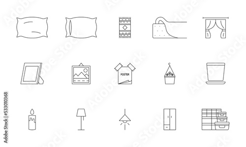 Home, living room and bedroom accessories. EPS 10. Furniture vector illustration. Bed linen icons... Interior symbols... Lighting for hom interior.... Organization concept. Flower pots. Decorations.