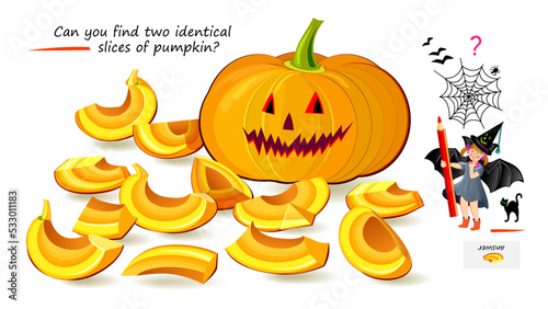 Logic puzzle for children and adults. Can you find two identical slices of pumpkin? Page for kids brain teaser book. Task for attentiveness.  Halloween holiday game. Vector cartoon illustration.