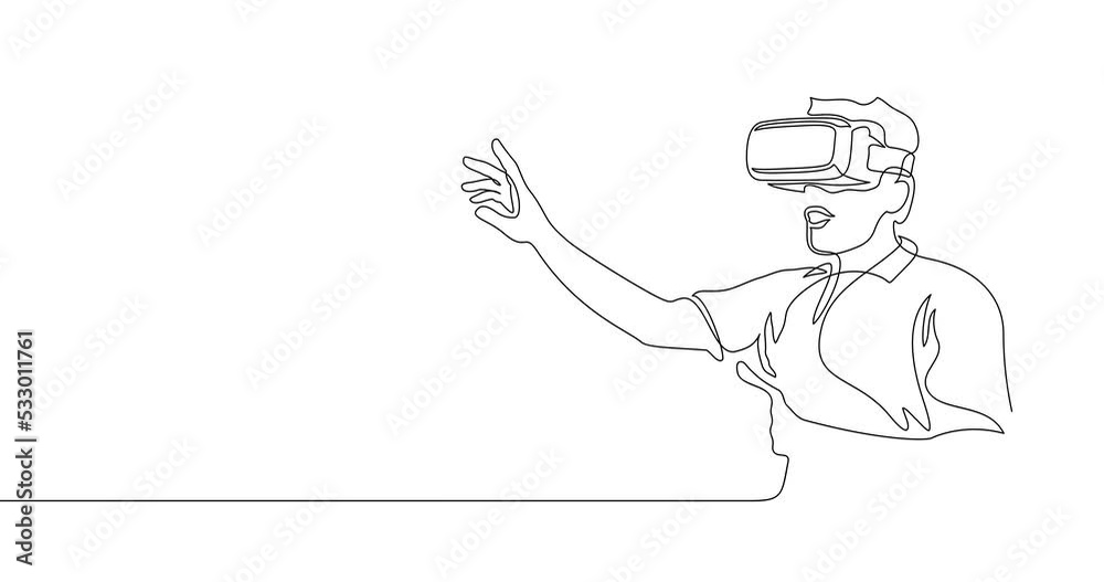 Animation of an image drawn with a continuous line. Man in virtual reality glasses. Augmented reality.