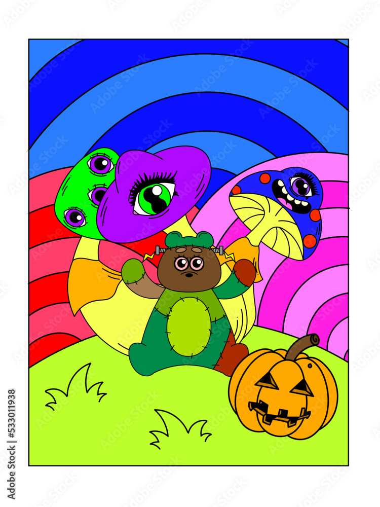 Naklejka premium Psychedelic poster with a Frankenstein bear. Mushrooms with eyes, jack's lantern, madness, surrealism.