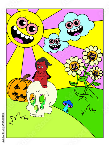 Psychedelic Halloween poster. The sun is with a face, the clouds are laughing, the bear is sitting on the skull in a witch's hat. Surrealism.