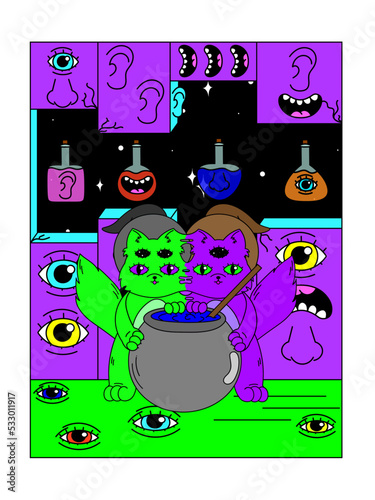 Psychedelic Halloween poster. Siamese twin kittens brew a potion in witch hats. Surrealism.