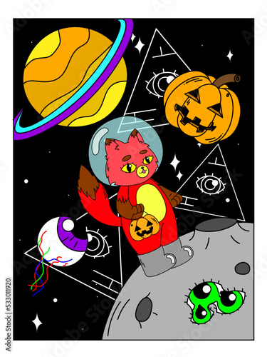 Psychedelic Halloween poster. A fox in a spacesuit on the moon, a basket in the form of a pumpkin, space, madness, surrealism, triangles with an eye.
