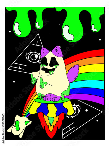 Psychedelic Halloween poster. A cat in a ghost costume, an eye in a triangle, a rainbow, green goo, space, surrealism.