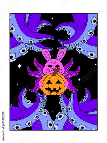 Psychedelic Halloween poster. A bunny with octopus tentacles holds a pumpkin. Surrealism.