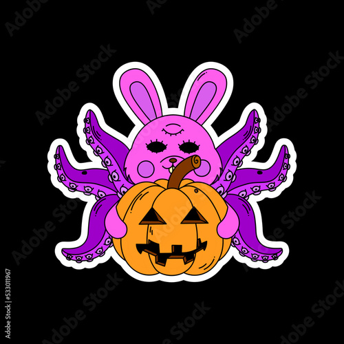 A bunny with octopus tentacles holds a pumpkin. Surrealism.