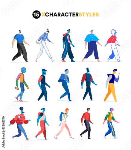 Gruppo di personaggi vettoriali realizzati in diversi stili grafici  photo