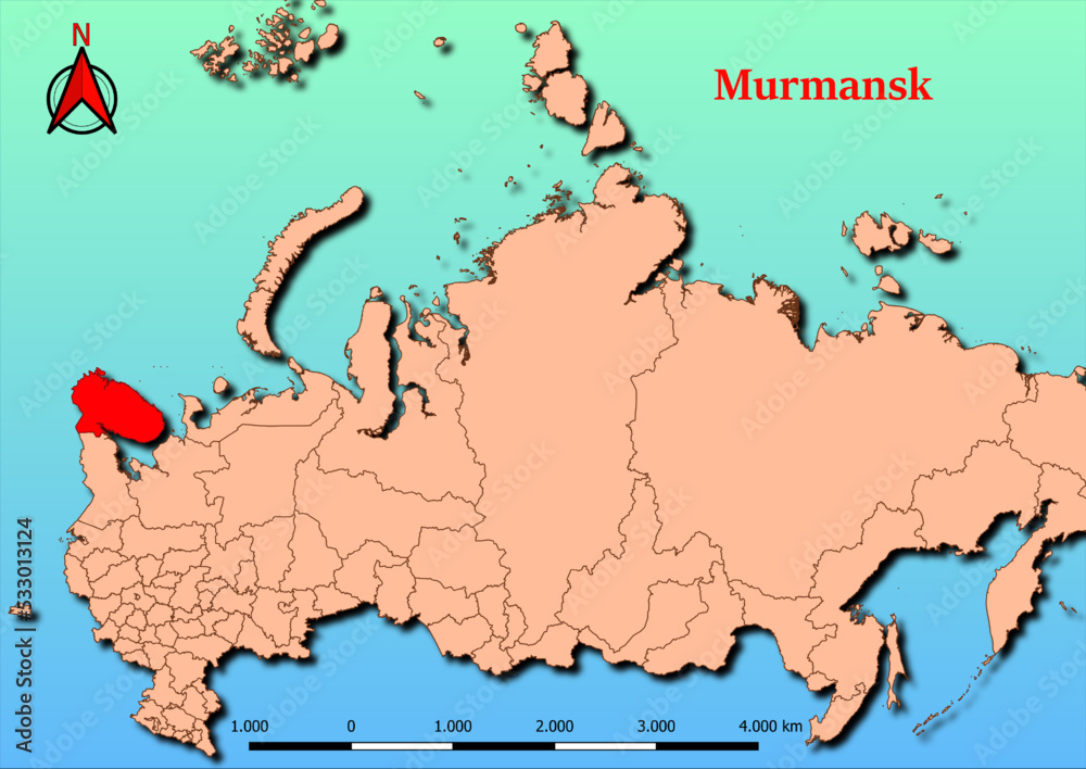 Obraz premium Vector Map of Russia with map of Murmansk county highlighted in red