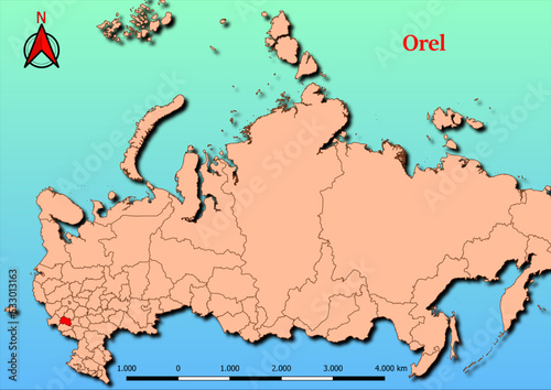 Vector Map of Russia with map of Orel county highlighted in red