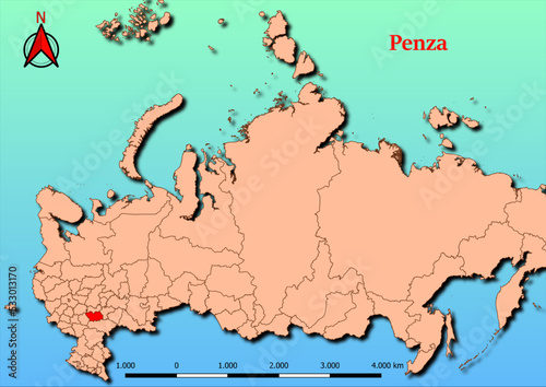 Vector Map of Russia with map of Penza county highlighted in red