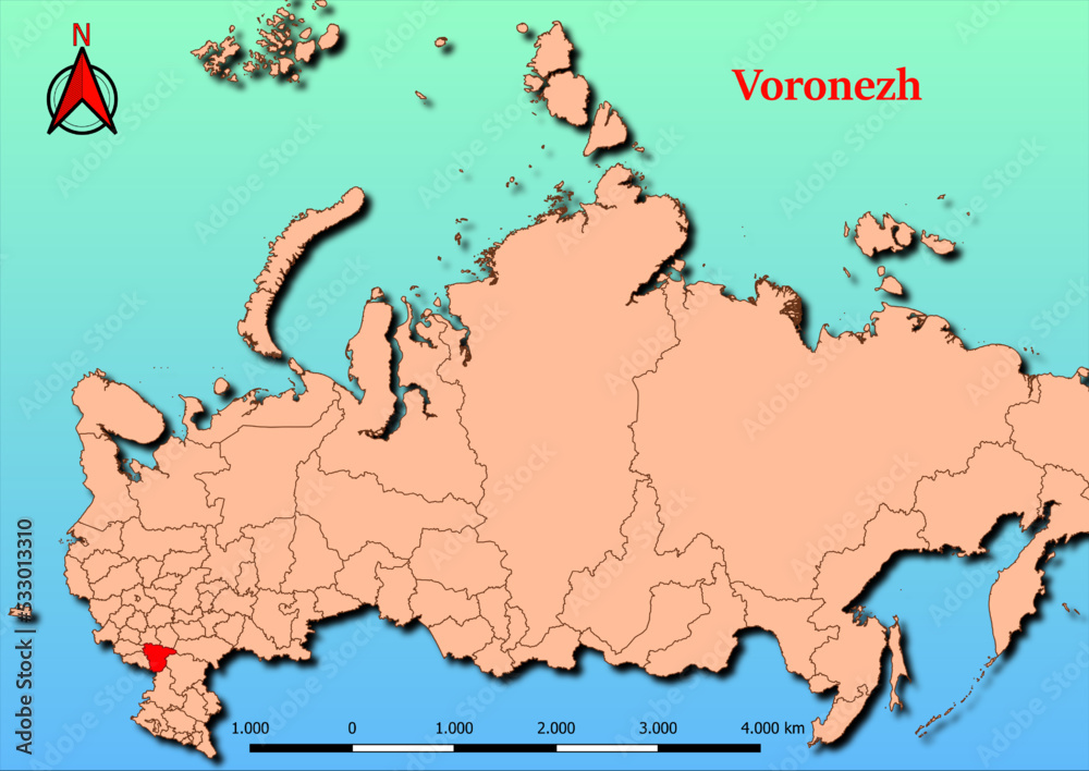 Vector Map of Russia with map of Voronezh county highlighted in red