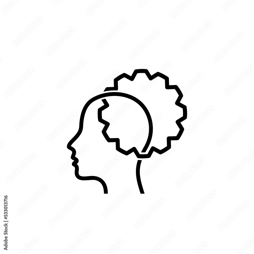Thinking process icon. Head with gears line symbol isolated on white background Thinking process icon. Head with gears line symbol isolated on white background