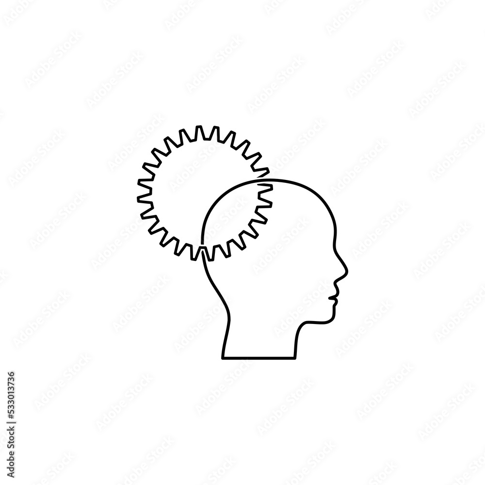 Thinking process icon. Head with gears line symbol isolated on white background Thinking process icon. Head with gears line symbol isolated on white background