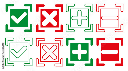 Set the check and cross, as well as plus and minus as a sign of confirmation or negation. Vector illustration.