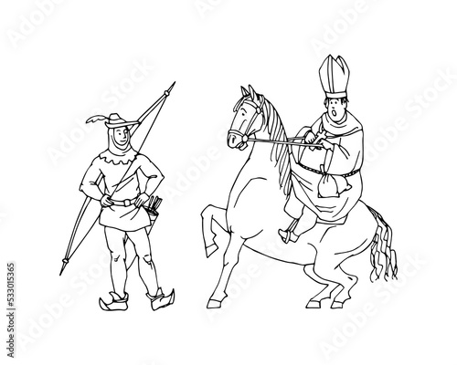 The meeting of Robin Hood and the priest. Robbery on a forest path. Vector illustration with contour lines in black ink isolated on a white background in cartoon style.