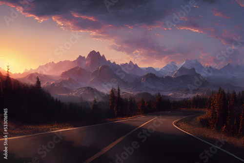 An open road winds its way to the mountains as the sun sets. 
