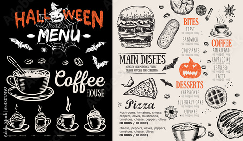 Restaurant cafe menu, template design, Halloween menu, Food flyer.	
