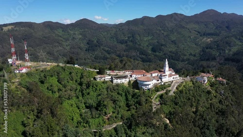 Montserrate church aerial view in Bogota Colombia andes mountains photo
