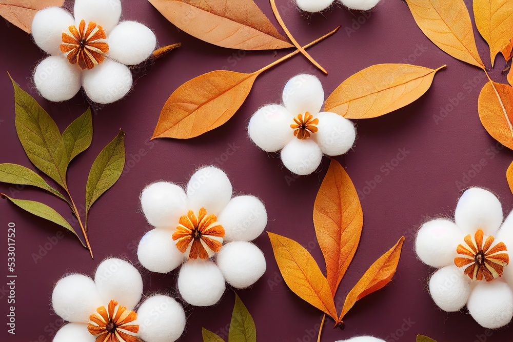 Obraz premium Autumn composition Spica ears, cotton flowers, plaid on white background Autumn, fall concept Flat lay, top view , anime style