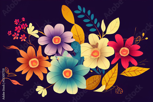 Colorful elegant autumn flowers composition Modern floristry design elements Raster illustration in sketch style   anime style