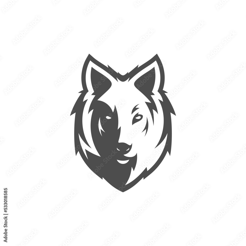 Fototapeta premium Wolf head illustration Logo Design. Wolf mascot vector art. Frontal symmetric image of wolf looking dangerous.