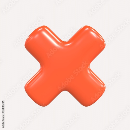 3D red cross check mark, cancel glossy icon. Realistic render negative sign visualization. Agreement disapprove box. Error, blocked, canceled, wrong choice. 3d rendering interface decline button.