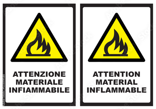Attenzione materiale infiammabile, cartello, edilizia, cantiere, lavori, strada, avviso, segnaletica, ponteggi, edifici, aziende, cantieri, città, palazzi, opere murarie, architettura, cabina