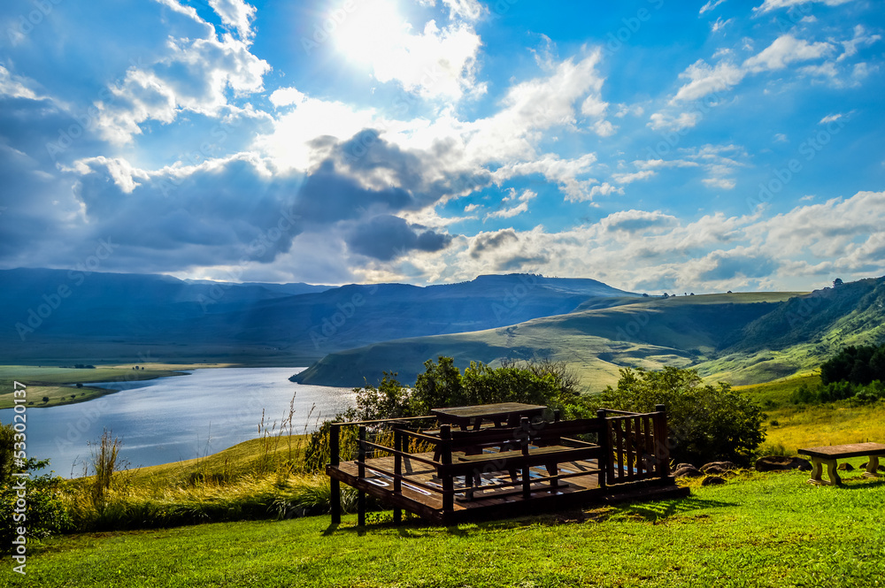 Drakensberg mountain escarpment and bell park dam around Cathkin park in Kwazulu natal South Africa