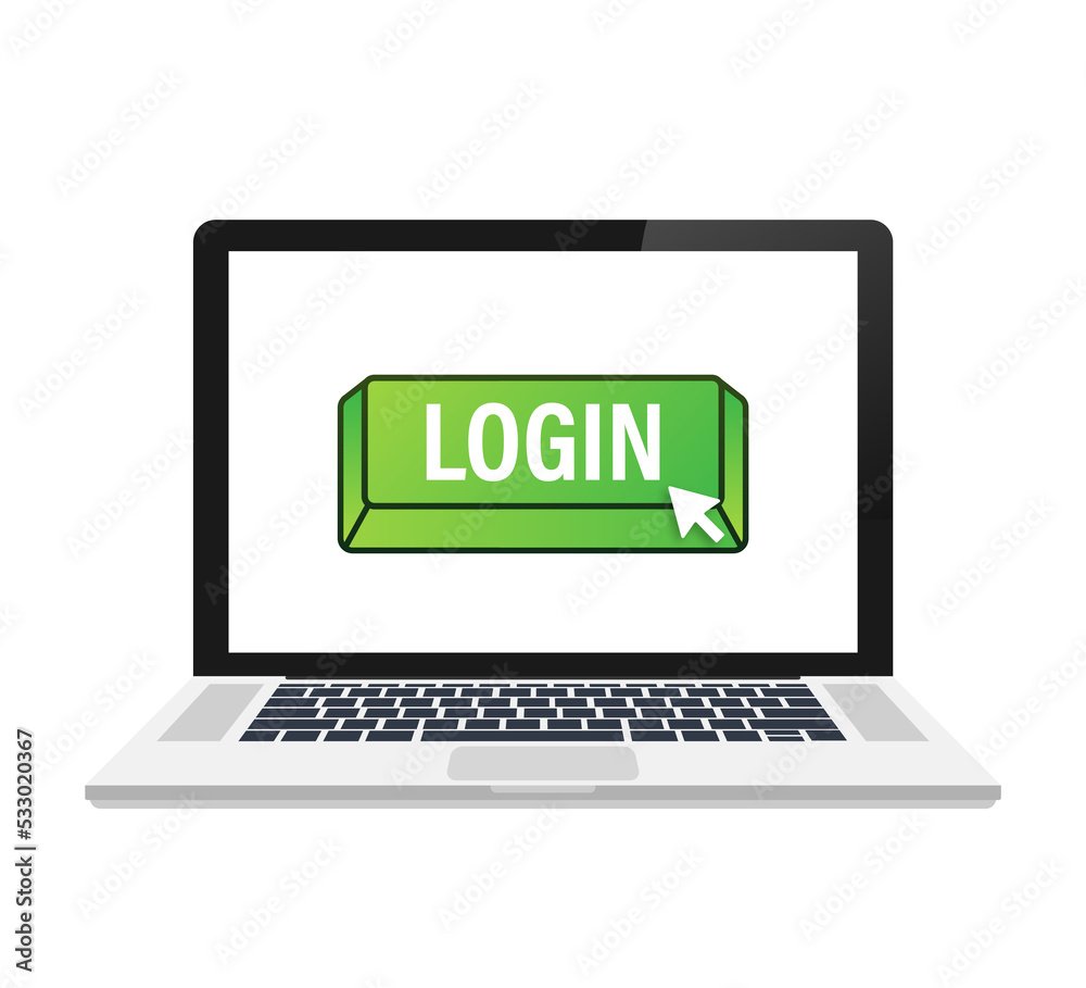Login button laptop on blue background. Website template design. Click button. stock illustration Login button laptop on blue background. Website template design. Click button. stock illustration