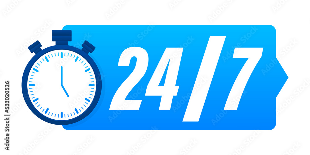 24-7 service concept. 24-7 open. Support service icon. stock illustration 24-7 service concept. 24-7 open. Support service icon. stock illustration