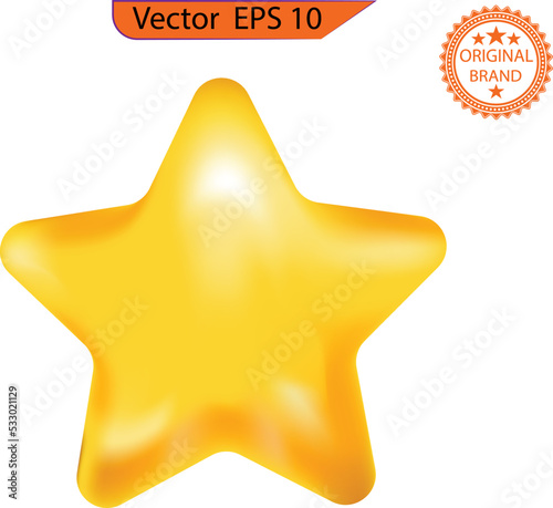 Cartoon lucky star isolated on blue background. 3D rendering. cute smooth yellow star. minimal design. Yellow stars glossy colors. Achievements for games. Customer rating feedback concept