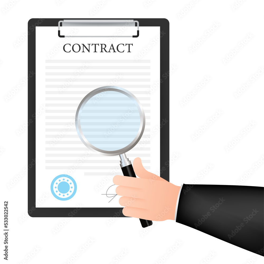 Hand checking contract with a magnifying glass before signing. stock illustration Hand checking contract with a magnifying glass before signing. stock illustration