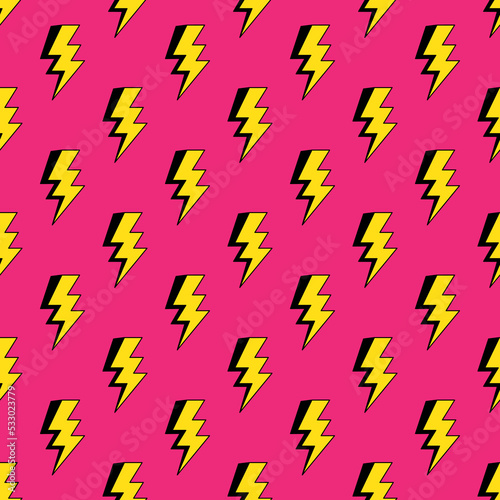 Lightning bolts seamless pattern in cartoon, comic style. Thunder lights wallpaper. Bright pink background.