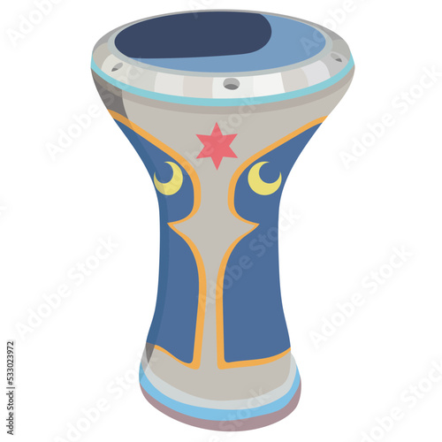 Darbuka, goblet drum of Egypt. Music percussion instrument of ethnic African folk. Traditional rhythm tarabuka. Wood tumbak. Flat vector illustration isolated on white background
