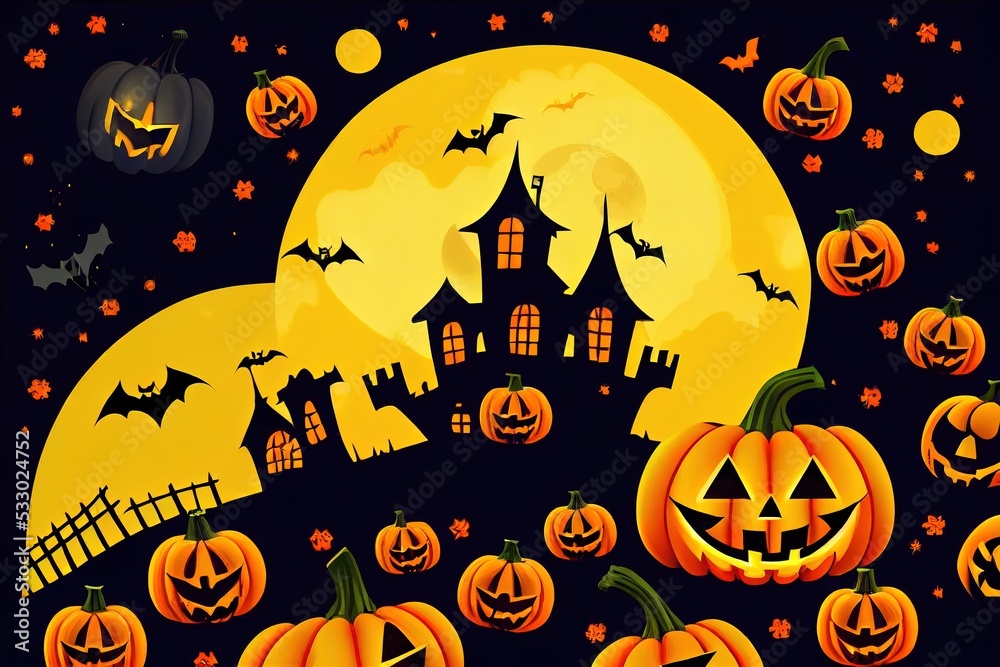 Halloween night background image with spooky castle and pumpkins. Raster elements banner, Halloween celebration greeting card, Halloween party poster. haunted house and full moon, Raster