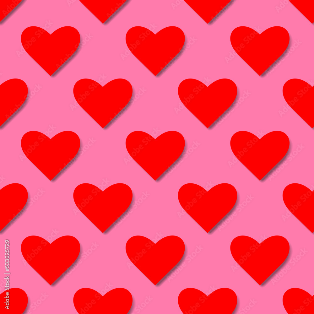 Festive seamless pattern of Red Hearts on a pink background.  Seamless background pattern of hearts for Valentine's Day, love concept, birthday gift, mother's day, wrapping paper