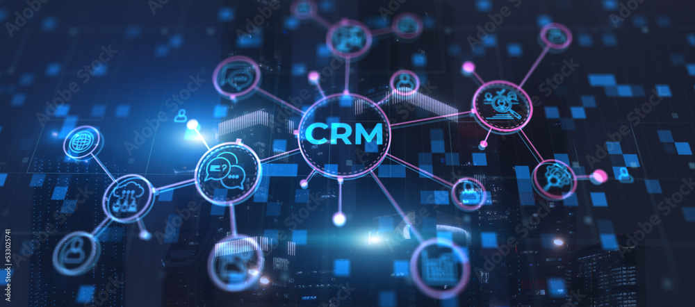 CRM. Customer Relationship Management on modern city background CRM. Customer Relationship Management on modern city background