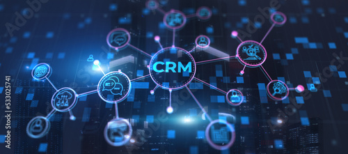 CRM. Customer Relationship Management on modern city background