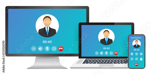 Incoming video call on laptop. Laptop with incoming call, man profile picture and accept decline buttons. stock illustration.