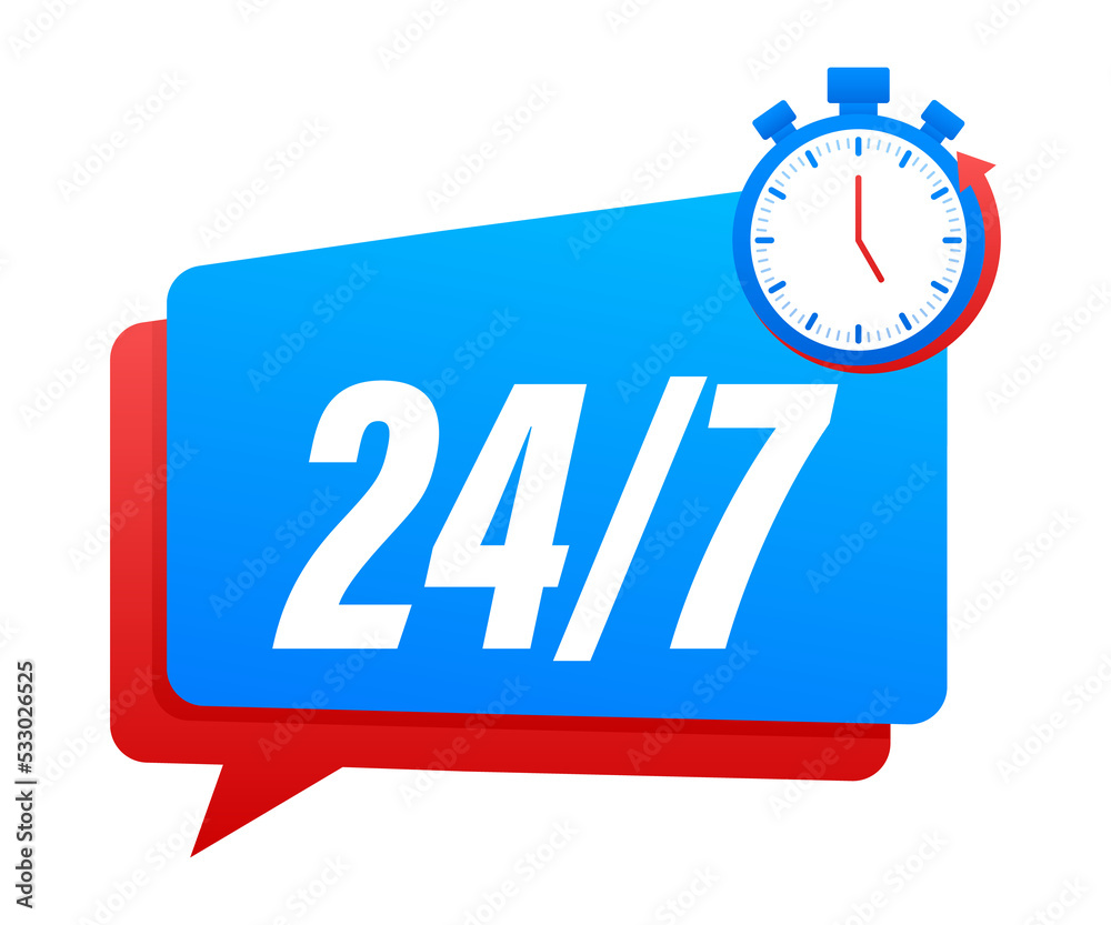 24-7 service concept. 24-7 open. Support service icon. stock illustration. 24-7 service concept. 24-7 open. Support service icon. stock illustration.