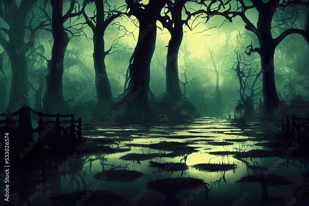 3D Rendering illustration of a creepy haunted mansion in a swamp at