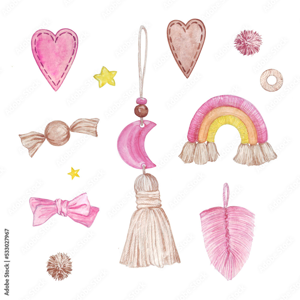 set of watercolor illustrations on the theme of textile children's toys and decorations in boho style, pink and beige, rainbow, tassel, month, pompom, sweetie, for stickers, scrapbooking, tags, baby set of watercolor illustrations on the theme of textile children's toys and decorations in boho style, pink and beige, rainbow, tassel, month, pompom, sweetie, for stickers, scrapbooking, tags, baby