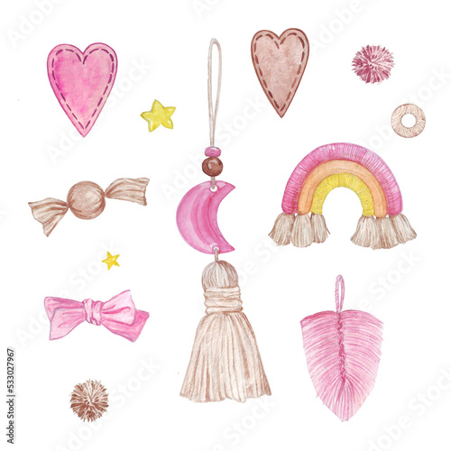 set of watercolor illustrations on the theme of textile children's toys and decorations in boho style, pink and beige, rainbow, tassel, month, pompom, sweetie, for stickers, scrapbooking, tags, baby