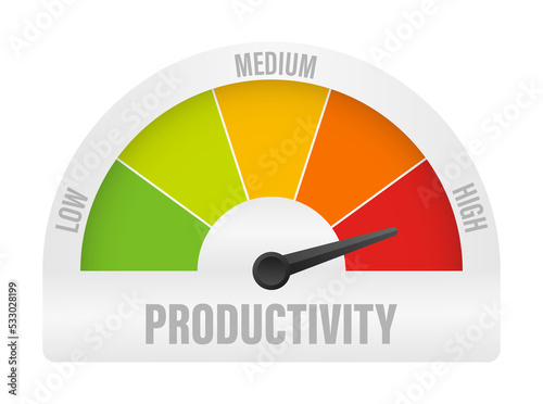 Productivity icon on speedometer. High Productivity meter. stock illustration.