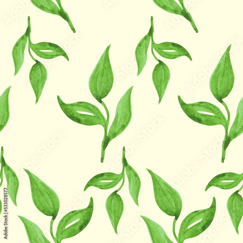 seamless watercolor pattern, green leaves on a light yellow background, print for textiles, dishes, wrapping paper, scrapbooking