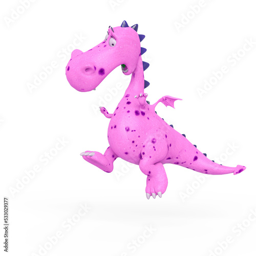baby dragon is jumping and looking down because he is afraid on white background with copy space