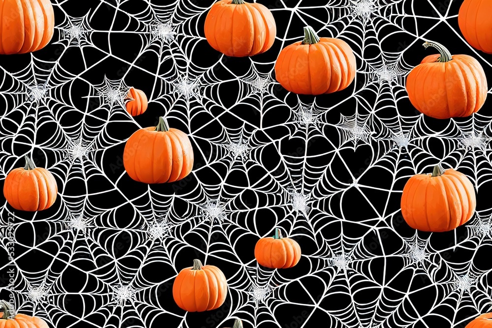 Obraz premium Set of witch hats, pentagram, spider, web and inscription halloween. Halloween concept. Halloween seamless background with witch hats, spider, spiderweb and pentagrams.