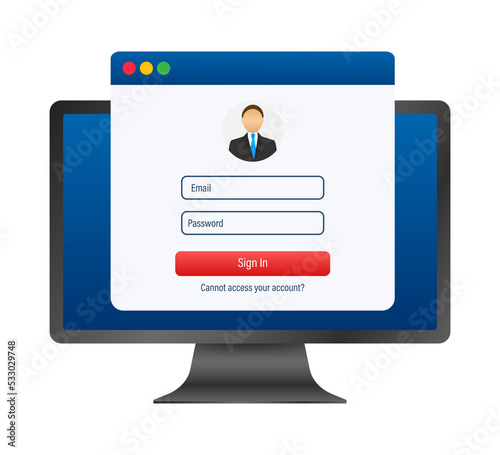 Login page on laptop screen. Notebook and online login form, sign in page. User profile, access to account concepts. illustration.