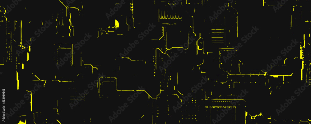 Golden cyber lines on dark background. Yellow glowing stripes with ...